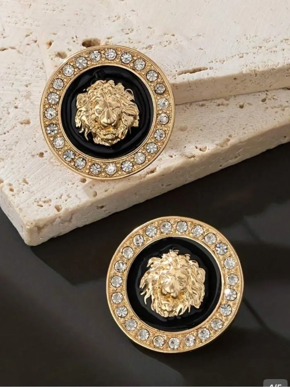 Gold and Black Lion Medallion Stud Earrings - Women Jewelry